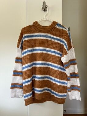 Crewneck Striped Knit Sweater - Brown/Orange, White, Blue